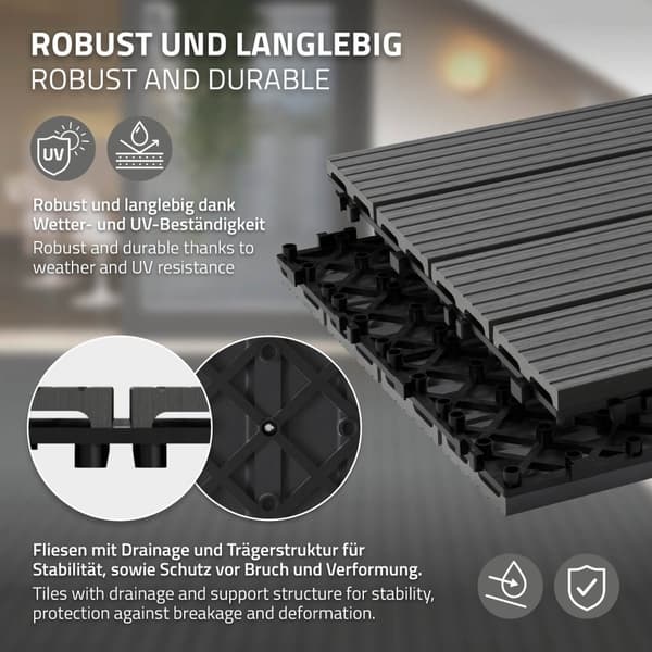 ECD Germany WPC terrassefliser 60x30 cm 11er besparelsessæt til 2m² antracit i træ kig efter havebalkongulve med dræning og kliksystem terrassebord