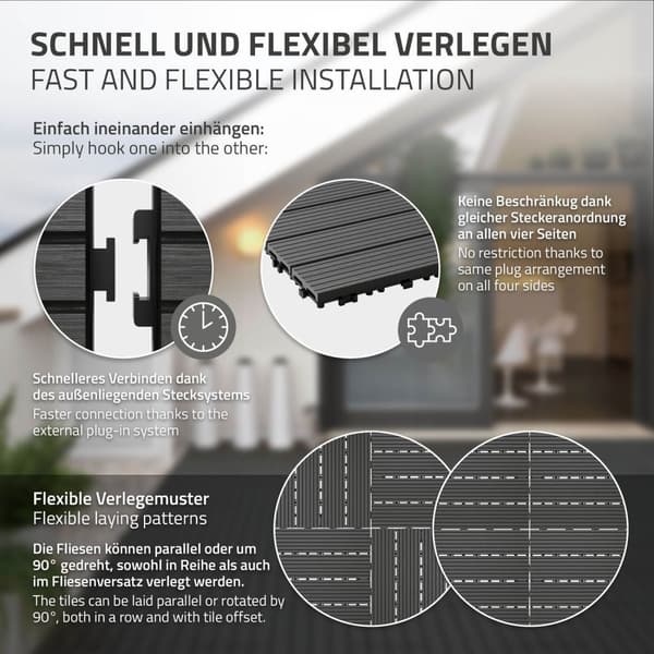 ECD Germany WPC terrassefliser 60x30 cm 11er besparelsessæt til 2m² antracit i træ kig efter havebalkongulve med dræning og kliksystem terrassebord