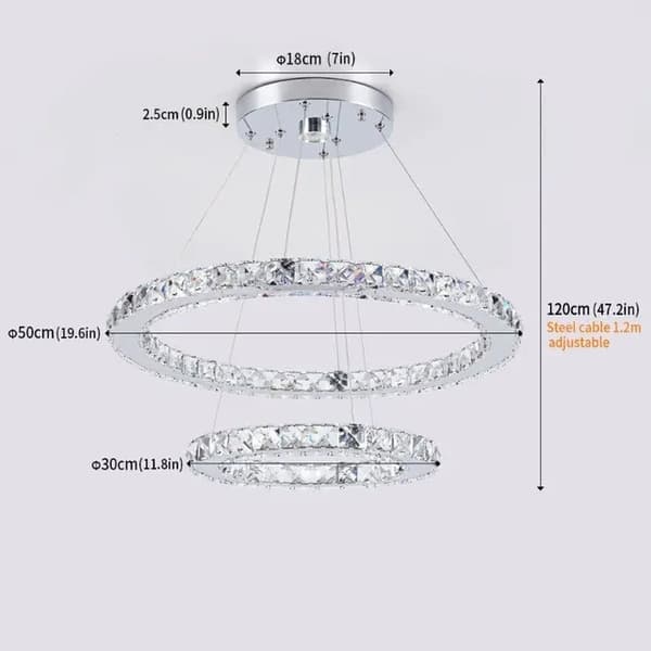 Moderne lysekroner, LED krystalringe hængende, Elegant dekoration til stuer og spisestuer., 2Ringe D50xD30cm, Udskiftelig