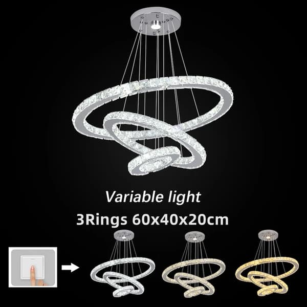Hängande ljusarmatur, kristallringar, dimbar LED-teknik, 3Ring 40x30x20cm, 3 färger som kan bytas ut