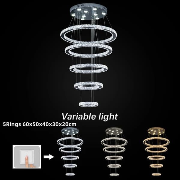 Hängande ljusarmatur, kristallringar, dimbar LED-teknik, 3Ring 40x30x20cm, 3 färger som kan bytas ut