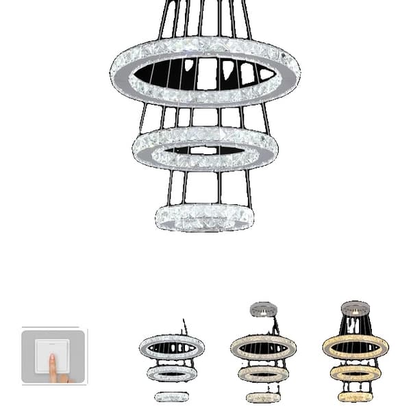 Hängande ljusarmatur, kristallringar, dimbar LED-teknik, 3Ring 40x30x20cm, 3 färger som kan bytas ut