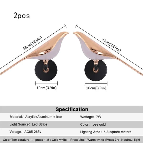 LED-seinälamppu, energiatehokas, elegantti muotoilu, 5-8 neliömetrin kattavuus.,2 lintua seinälamppu, vaihdettava
