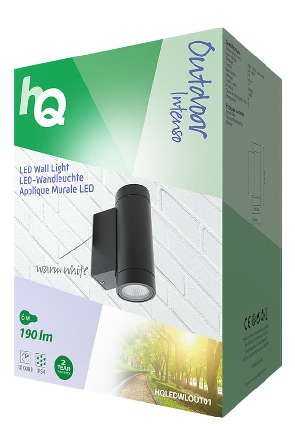 HQ HQLEDWLOUT01 Led udendørs væglampe 6 W 190 Lm Sort
