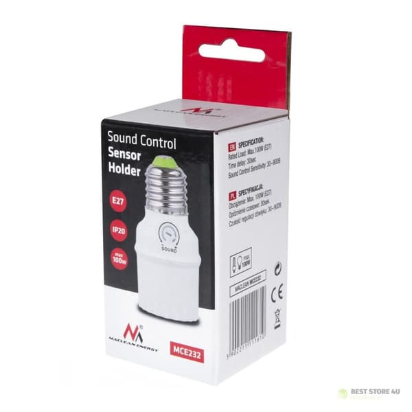 Maclean äänisensorilampun kanta, E27 äänisensorilla, maks. 100 W, alue 30 dB - 90 dB, MCE232