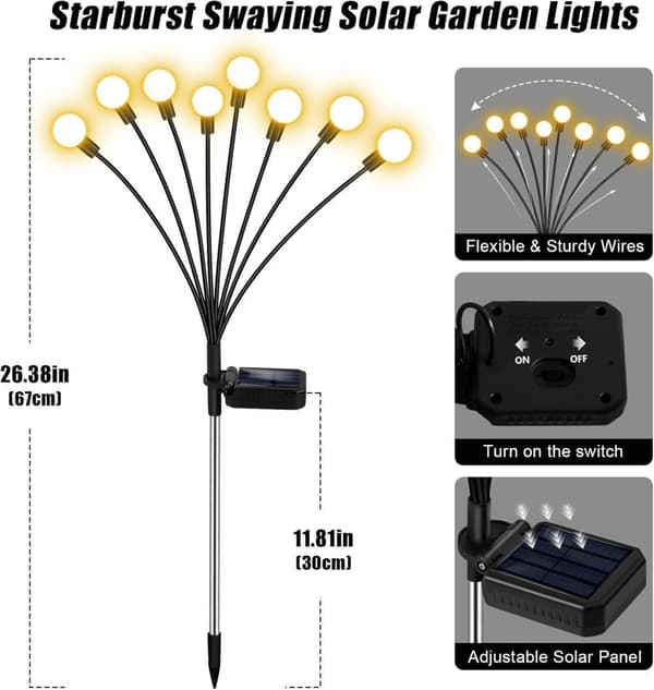 2 Pack Solcellsdrivna eldflugelampor – 16 LED svajande trädgårdsbelysning, vattentäta dekorativa lampor för uteplats, gångväg och gräsmatta