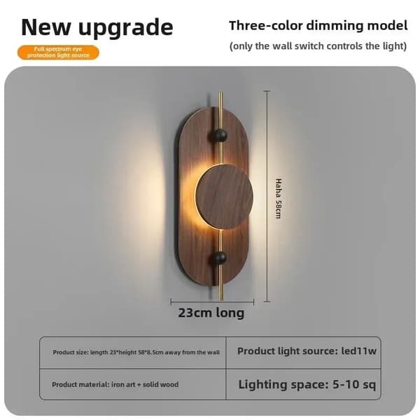 Minimalist Væglampe, Tre-Farvet Dæmpning, Holdbart Jern- og Trædesign,A, 220V
