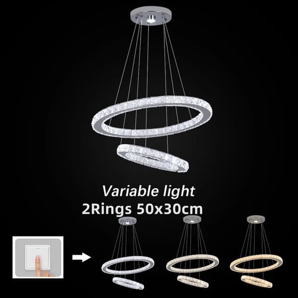 Hængelampe, Krystalringe, Dæmpbar LED Teknologi, 2Ring 50x30cm, 3 farver kan skiftes