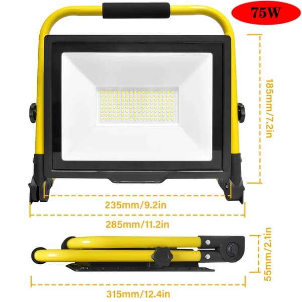 Bærbar LED-arbejdslampe, 6000K LED, Justerbar Flomlys, 75W bærbar lys, 5000K-6000K, EU-stik
