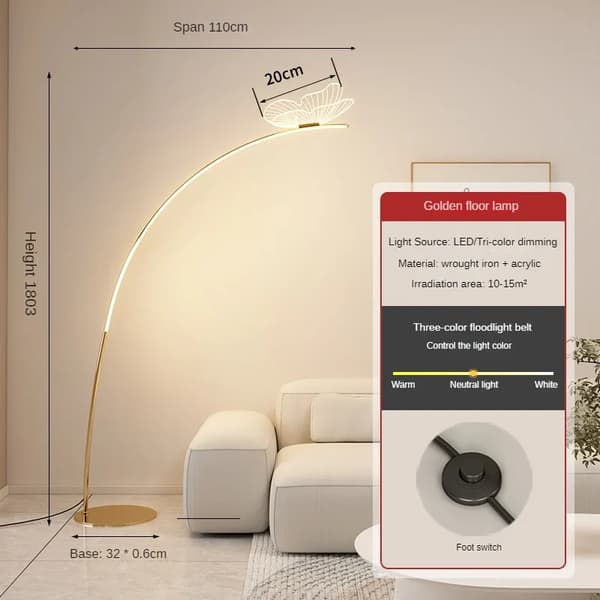 Pohjoismainen moderni lattiavalaisin, himmennettävä LED, elegantti perhosimuotoilu,Kultakehys, Kolmivärinen himmennys