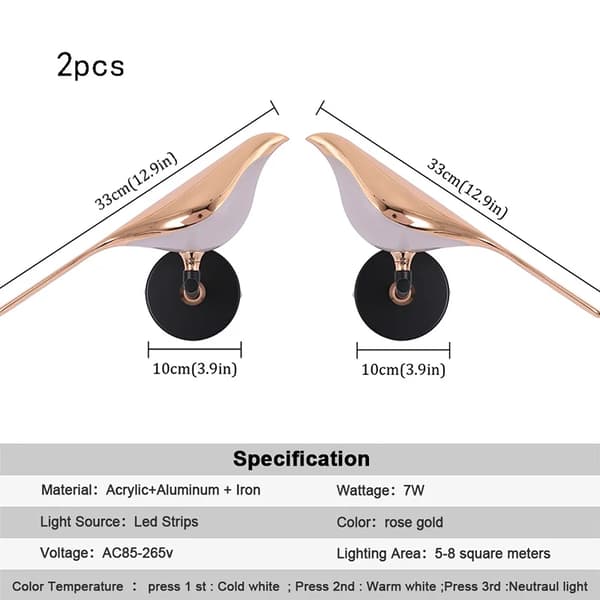 LED-seinälamppu, energiatehokas, elegantti muotoilu, 5-8 neliömetrin kattavuus.,2 lintua seinälamppu, Lämmin valkoinen