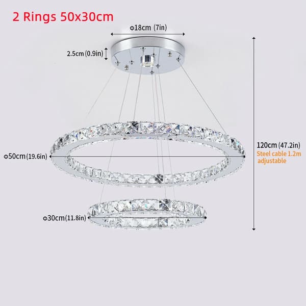 Modern LED Kristallkrona, 50x30cm Rostfritt Stål, Energieffektiv,2 Ringar 50x30cm, Varmt Vitt