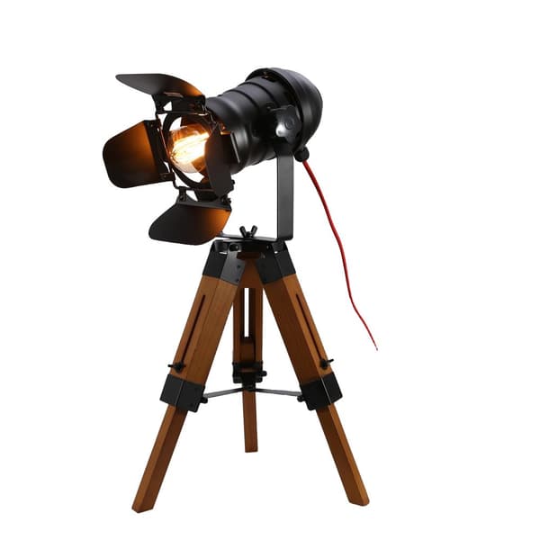 Vintage Tripod Bordslampa, Justerbar Höjd, Järn och Trä Material, LED Ljuskälla,Brun