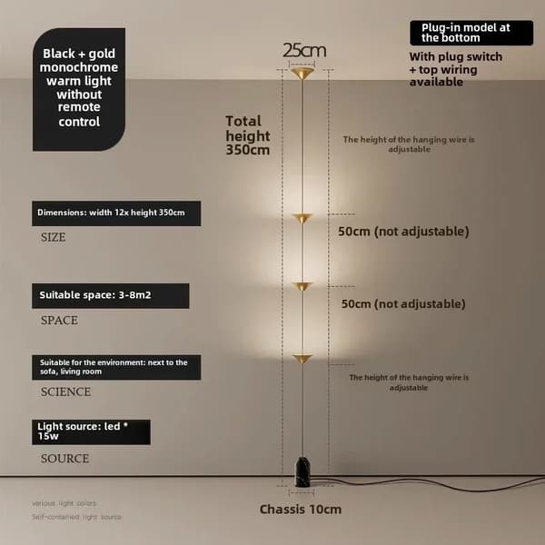Gulvlampe, 3 Lyskilder, Moderne Design, LED 15W,3hoveder guld stik