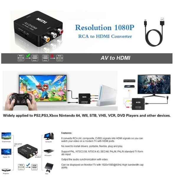 Mini AV Cvbs 720p 1080p Rca kompositvideoadapter till HDMI-kompatibel omvandlare
