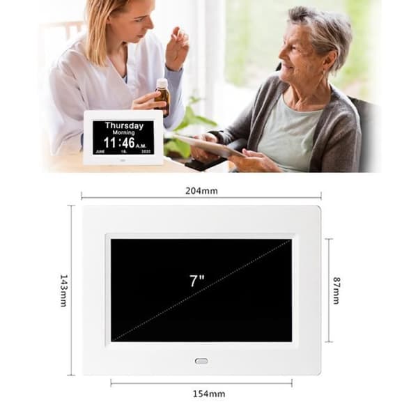 7-tums LCD-klockkalender - Automatisk avbländning för äldre/Alzheimer och barn - Vit