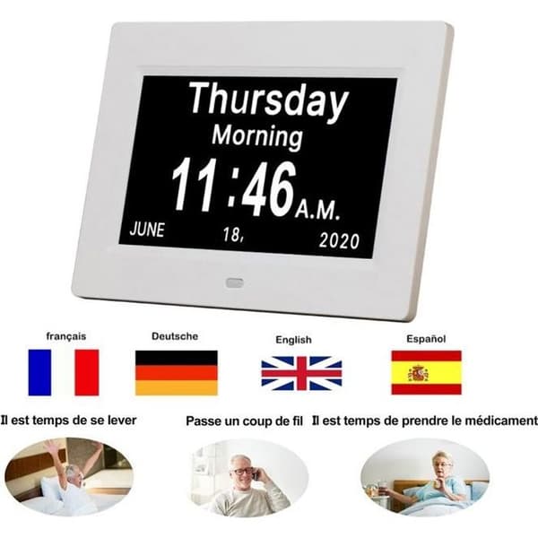 YOLISTAR Digital Klocka Kalender LED - 19 typer av bilder och röstmeddelandefunktion - vit - För äldre personer