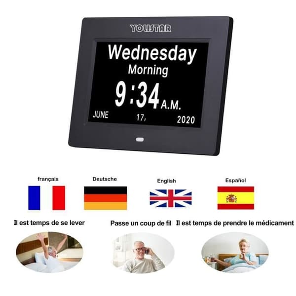 YOLISTAR Digital Klocka Kalender LED - 19 typer av bilder och röstmeddelandefunktion - vit - För äldre personer