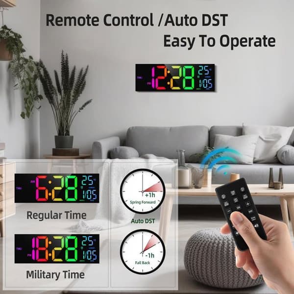 Digital Väggklocka 8 Färger, Stor Digitalklocka 41,1 cm med temperatur, Datum, Automatisk sommartid