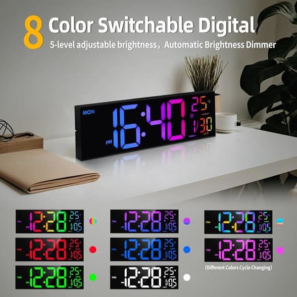 Digital Väggklocka 8 Färger, Stor Digitalklocka 41,1 cm med temperatur, Datum, Automatisk sommartid