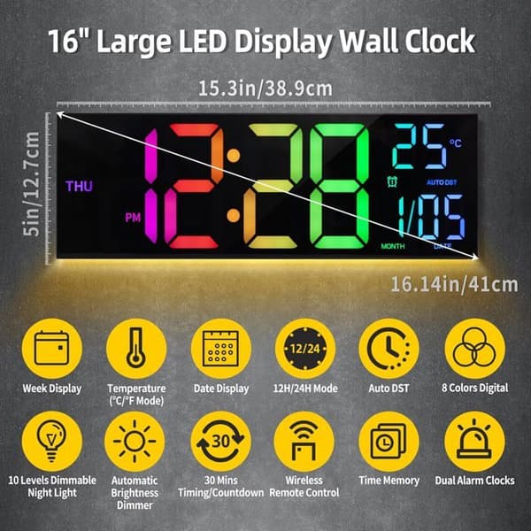 Digital Väggklocka 8 Färger, Stor Digitalklocka 41,1 cm med temperatur, Datum, Automatisk sommartid
