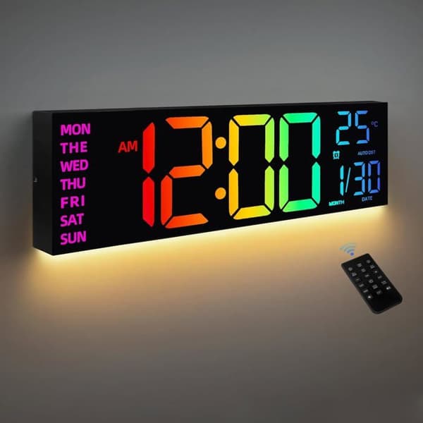 Digital Väggklocka 8 Färger, Stor Digitalklocka 41,1 cm med temperatur, Datum, Automatisk sommartid