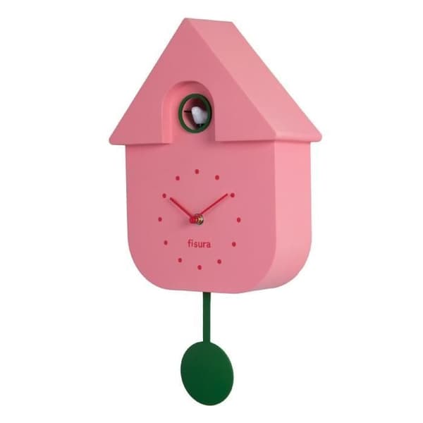 Rosa gökur. Väggklocka med grön pendel. Mått: 21,5 cm x 8 cm x 41,5 cm. Material: ABS-plast - FISURA