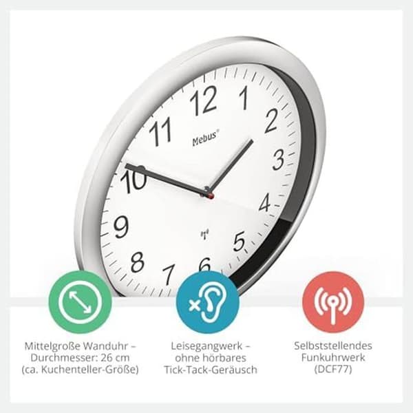 Väggklocka - MEBUS - Modell 19809 - 26 cm - Tyst - Silver Ram