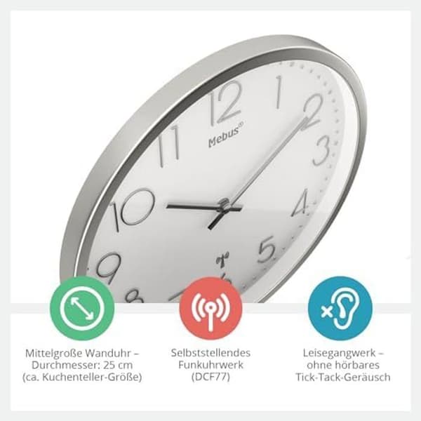 Väggklocka - Mebus - TinyTime - Radiokontrollerad - Tyst - Modern Design 25 cm