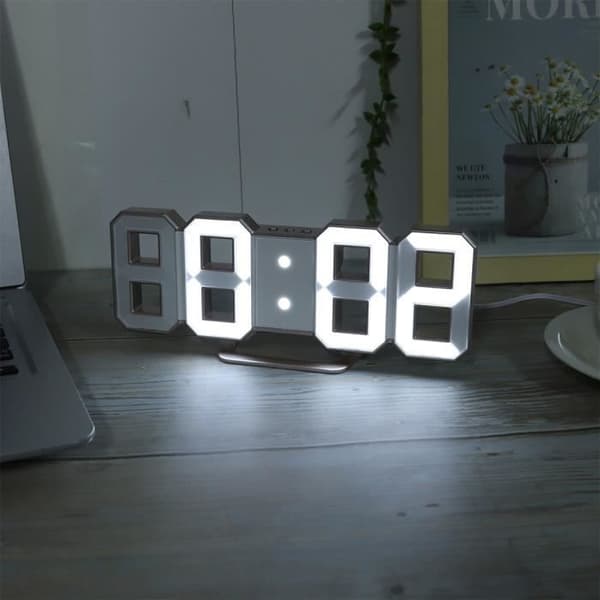 Dioche elektronisk klocka LED hängande digital klocka med 3D-siffror, skrivbord väckarklocka med dekorerad klockskåpa Vit