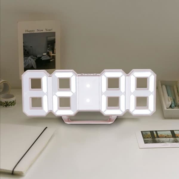 Dioche elektronisk klocka LED hängande digital klocka med 3D-siffror, skrivbord väckarklocka med dekorerad klockskåpa Vit