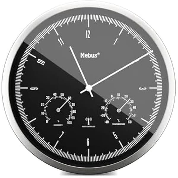 Väggur - MEBUS - TinyTime 1977 - Radiostyrd - Termometer och Hygrometer - Tyst 25 cm