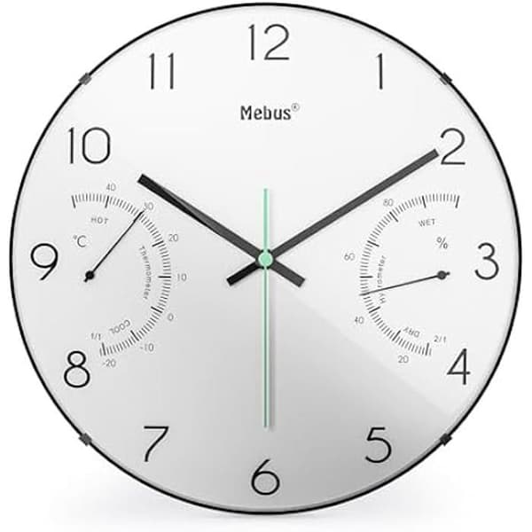 Väggklocka - MEBUS - 16106 - Vit urtavla - Termometer och Hygrometer - 30 cm