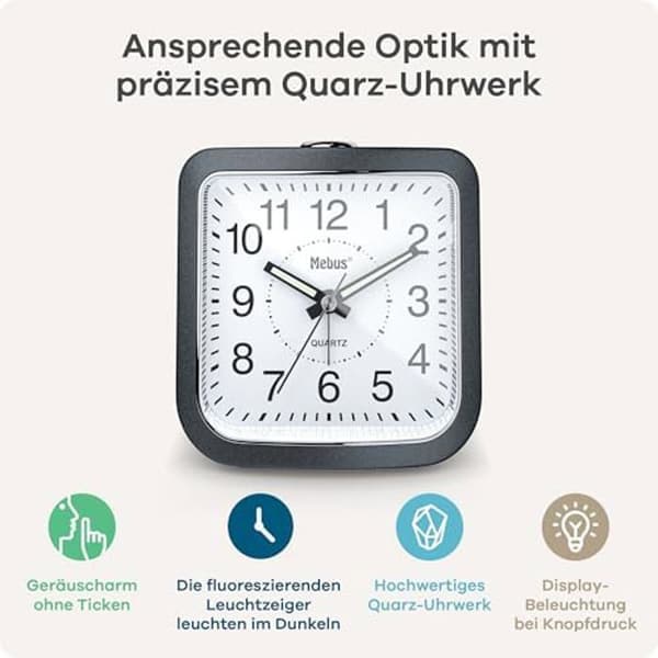 Analog väckarklocka - MEBUS - Tyst - Luminösa visare - Alarm med snooze - Belysning av urtavlan
