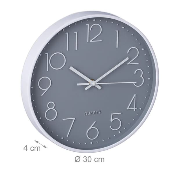 Relaxdays modern väggklocka, drivs med batteri, diameter 30 cm, för badrum eller kök, grå/vit