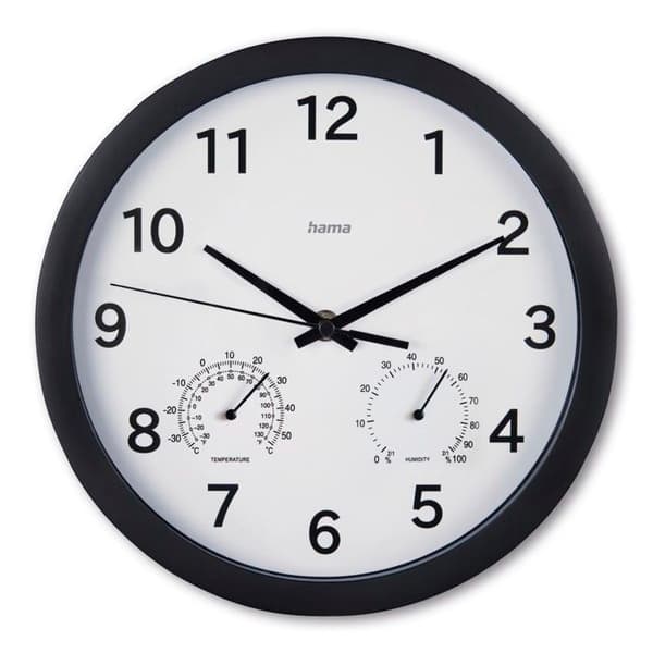 Väggklocka "Malta", Ø 25 cm, med termometer/hygrometer, tyst, svart
