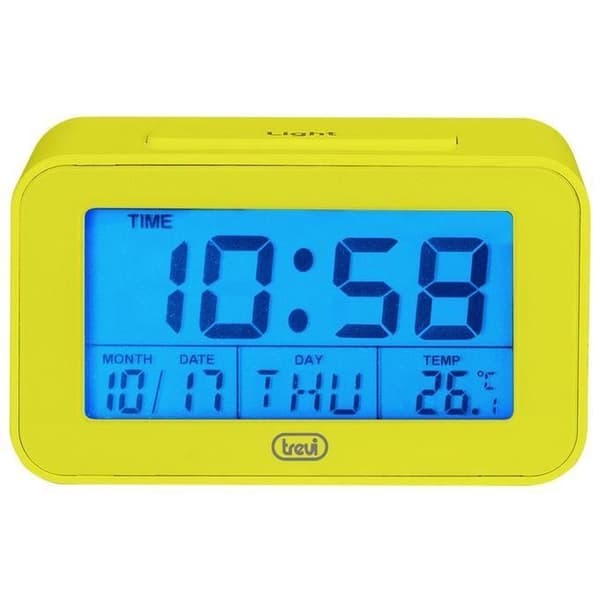 Trevi SLD 3P50 digital termometerklocka, stor bakgrundsbelyst LCD-skärm, programmerbar väckarklocka, snooze-funktion, gul, enkel