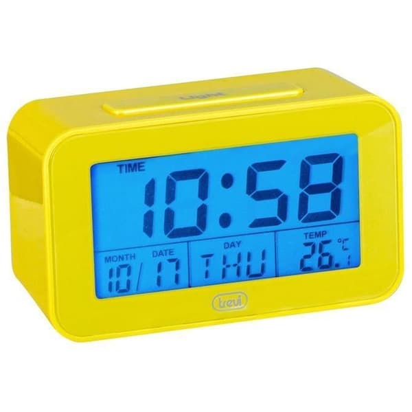 Trevi SLD 3P50 digital termometerklocka, stor bakgrundsbelyst LCD-skärm, programmerbar väckarklocka, snooze-funktion, gul, enkel