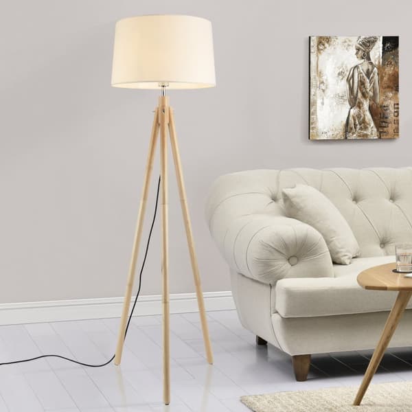 [lux.pro]® Golvlampa Tomar-1xE27-max60W-trä-metall-textil-vit