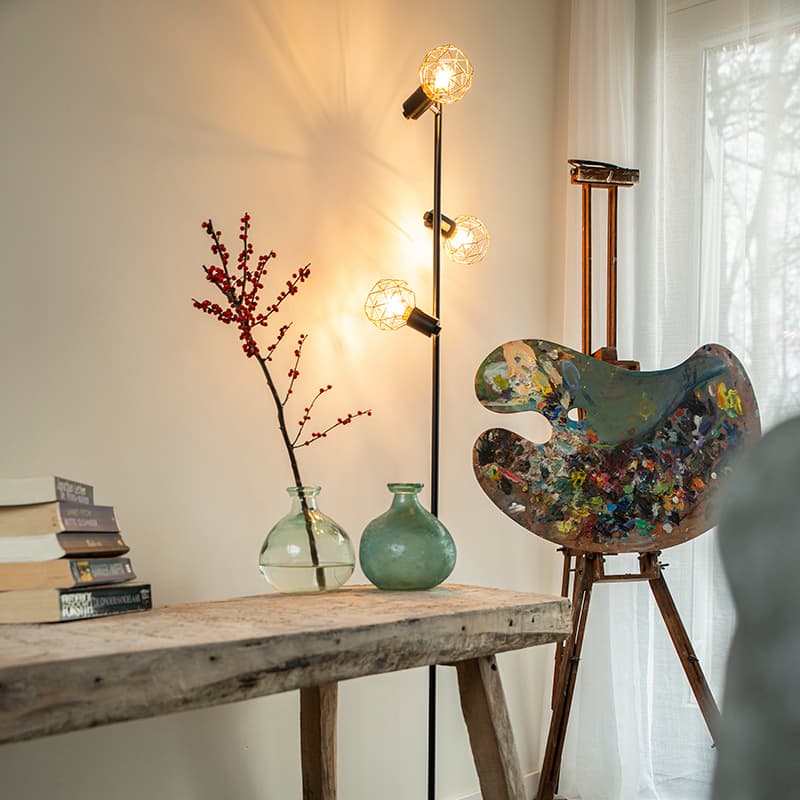 Golvlampa svart med koppar 3-ljus - Mesh