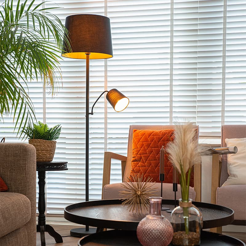 Klassisk golvlampa svart med guld och läslampa - Retro