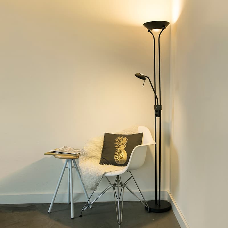 Golvlampa svart med läslampa inkl LED och dimmer - Diva 2
