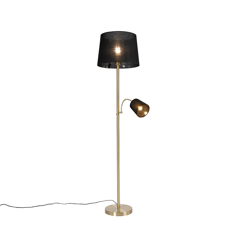 Klassisk golvlampa guld tygskärm svart med läslampa - Retro