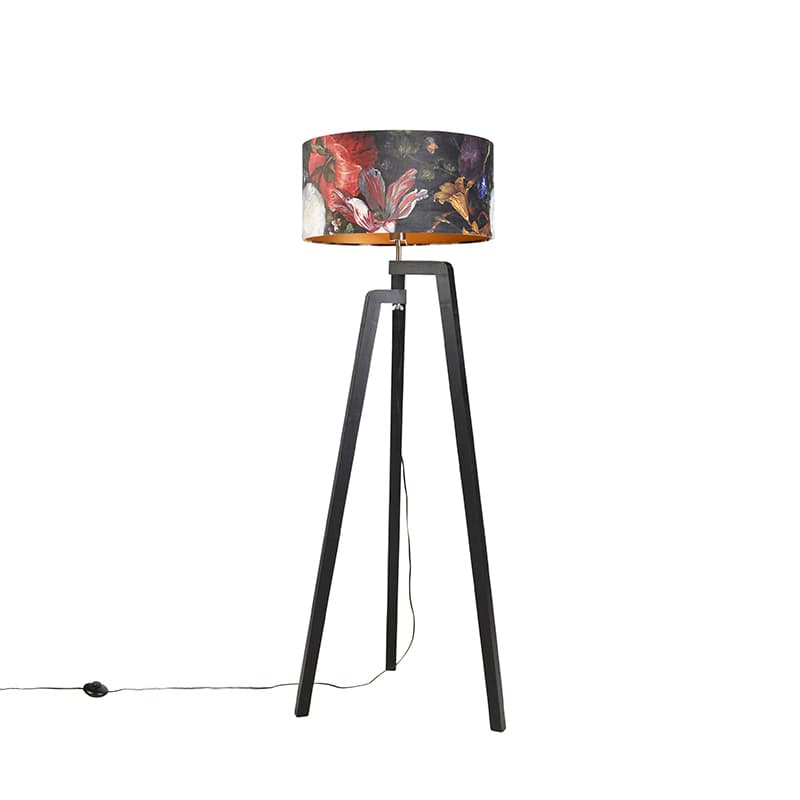 Stativ golvlampa svart med skugga blommönster 50 cm - Puros