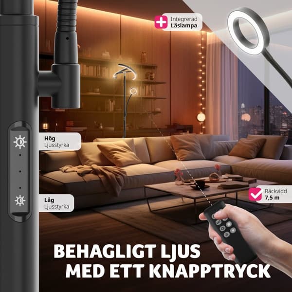 Golvlampa Auralis LED 20W, läslampa med dimmer - svart