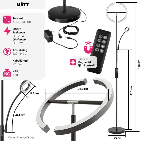 Golvlampa Auralis LED 20W, läslampa med dimmer - svart