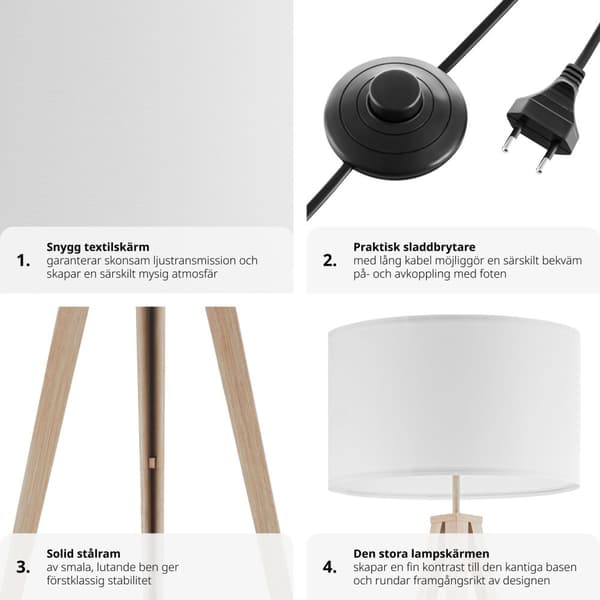 Golvlampa Lunaris, textilskärm, trebensstativ - ek