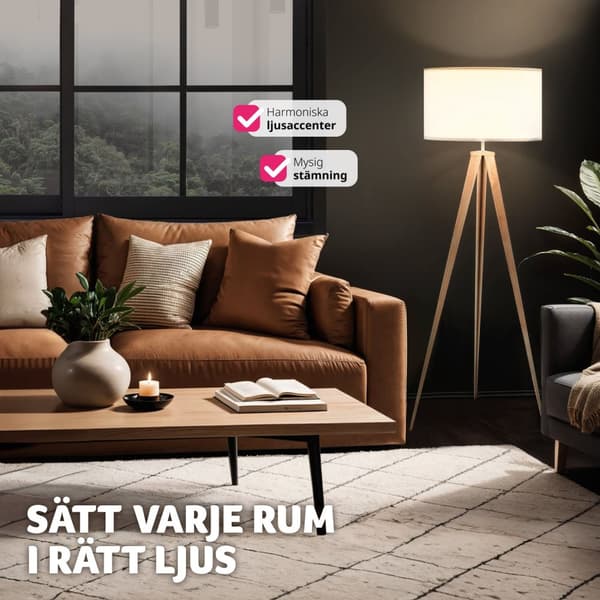 Golvlampa Lunaris, textilskärm, trebensstativ - ek