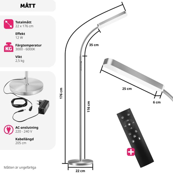 Golvlampa Prisma LED, 5 ljuslägen, 12 W, dimbar - silver