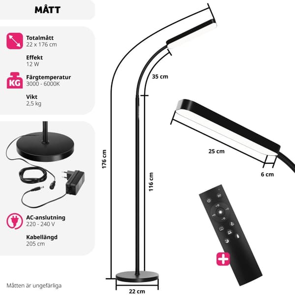 Golvlampa Prisma LED, 5 ljuslägen, 12 W, dimbar - svart